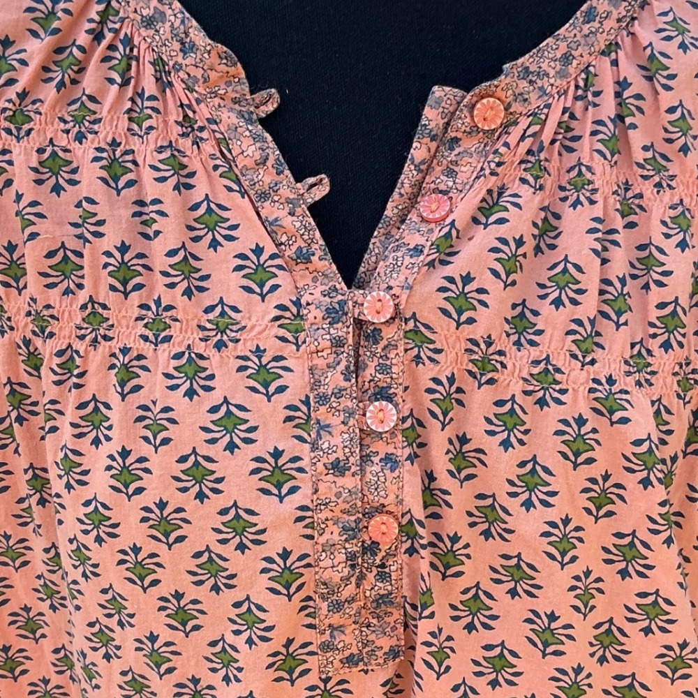 Sundance Pink Block Print Cotton Peasant Blouse Henley Top Large Boho - Picture 2 of 5